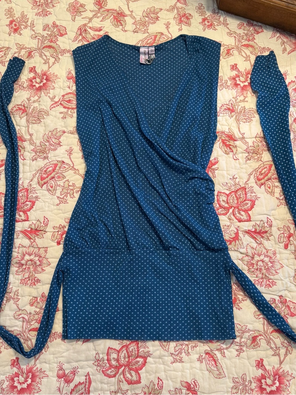 Beautiful Y2K Blue Polka Dot Wrap-Style Top